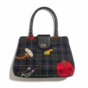 Equestrian English Riding Plaid Tote Handbag with Black Straps and Closure